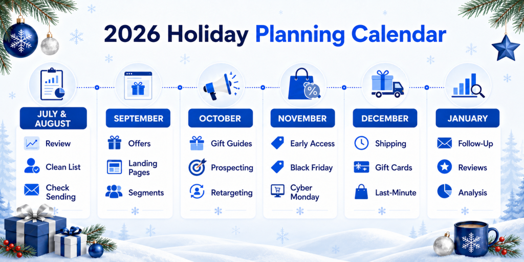 Holiday planning calendar from the 2026 holiday email marketing guide, covering July through January