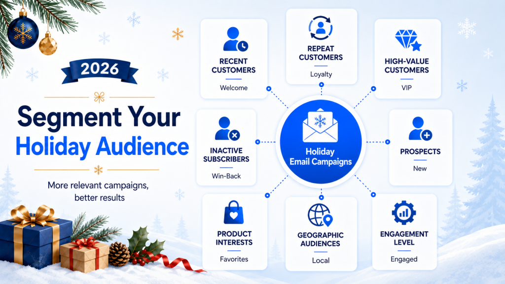 Audience segmentation diagram from the holiday email marketing guide, including recent and repeat customers