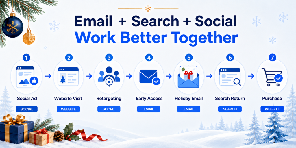 Coordinated email, Google Ads, and Meta advertising funnel from the holiday email marketing guide