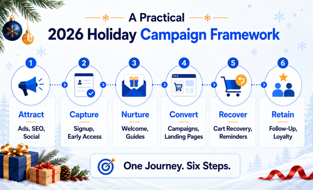 Six-step campaign framework from the 2026 holiday email marketing guide: attract, capture, nurture, convert, recover, retain