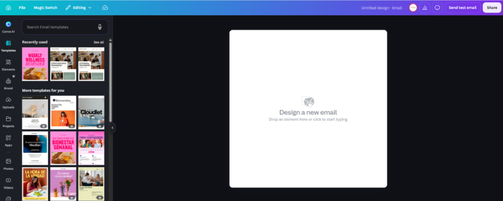 Canva editor showing an email layout being built with structured content blocks