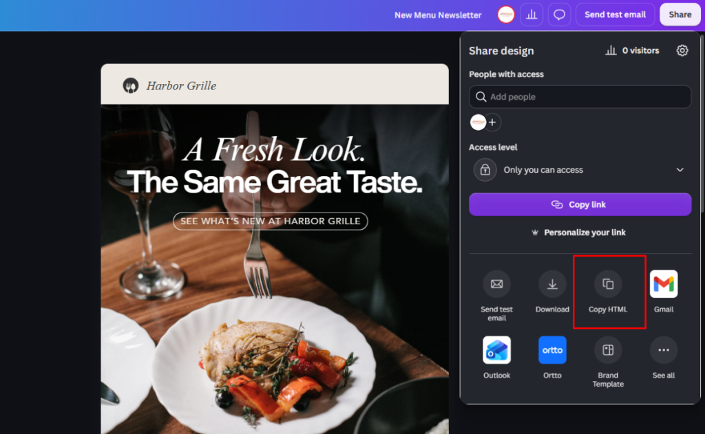 Canva export options with the download settings used to produce an email file