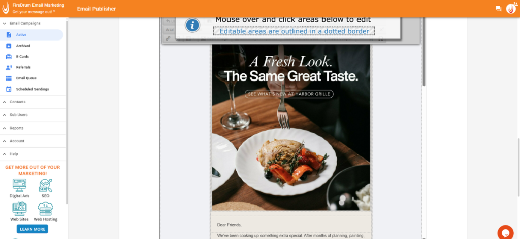 FireDrum Email Marketing editor showing an imported Canva design being refined